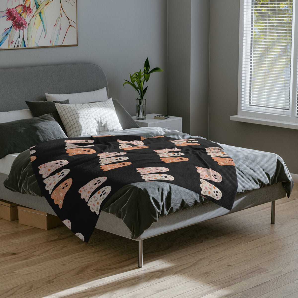 Halloween Ghosts Velveteen Microfiber Blanket — Cute Pastel Ghost Pattern on Black