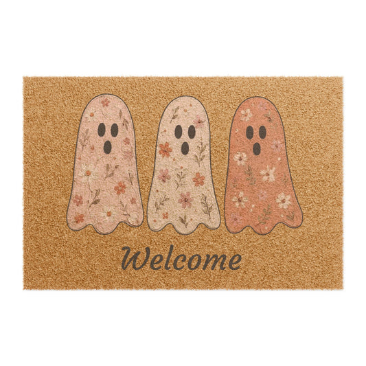 Fall Floral Ghost Welcome Doormat — Halloween Cute Ghost Porch Mat