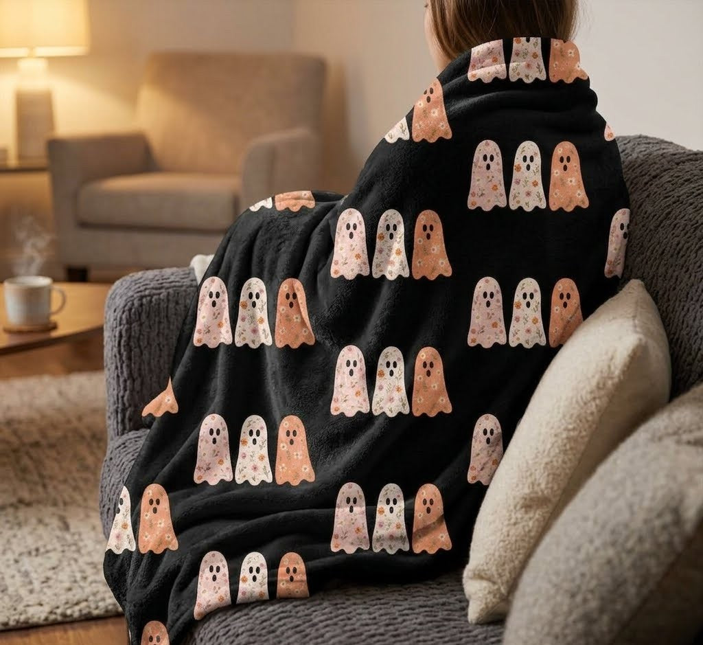 Halloween Ghosts Velveteen Microfiber Blanket — Cute Pastel Ghost Pattern on Black