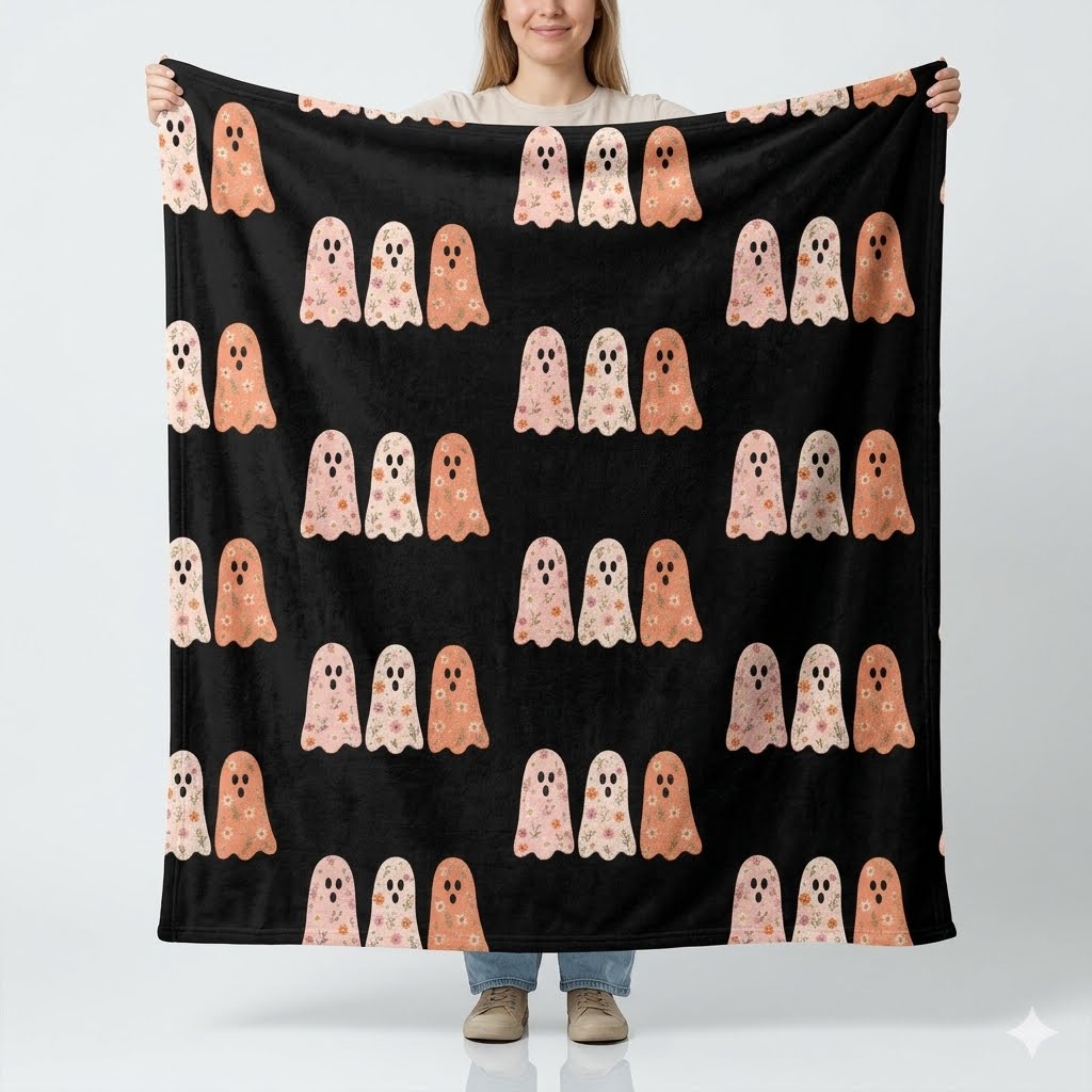 Halloween Ghosts Velveteen Microfiber Blanket — Cute Pastel Ghost Pattern on Black