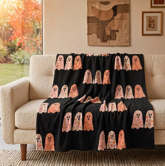Halloween Ghosts Velveteen Microfiber Blanket — Cute Pastel Ghost Pattern on Black